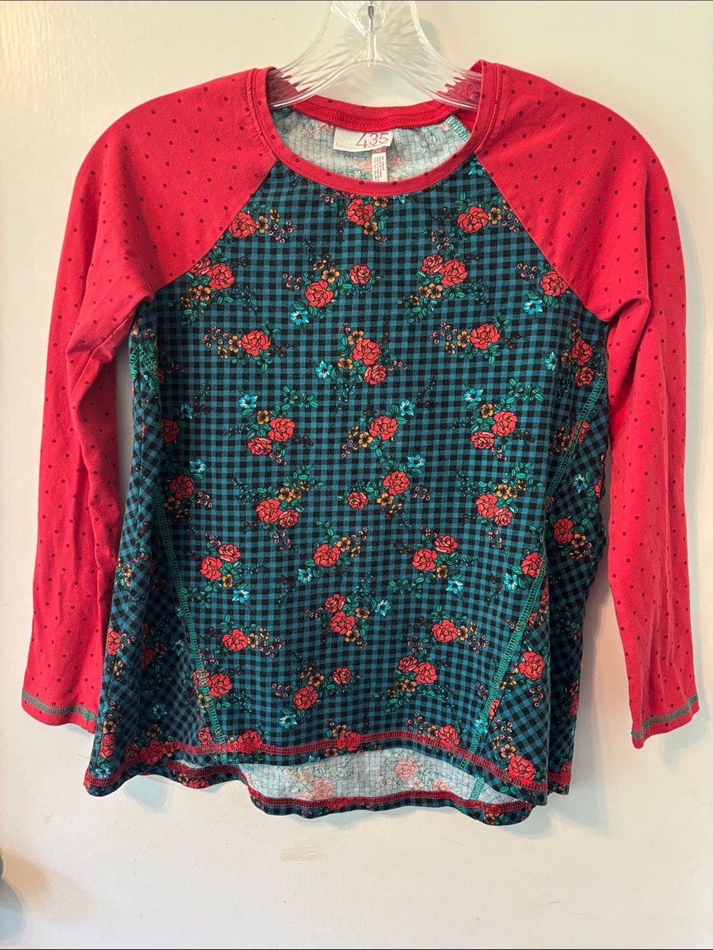 Matilda Jane 435 Red Raglan Long Sleeve Top with Teal Floral Plaid Body